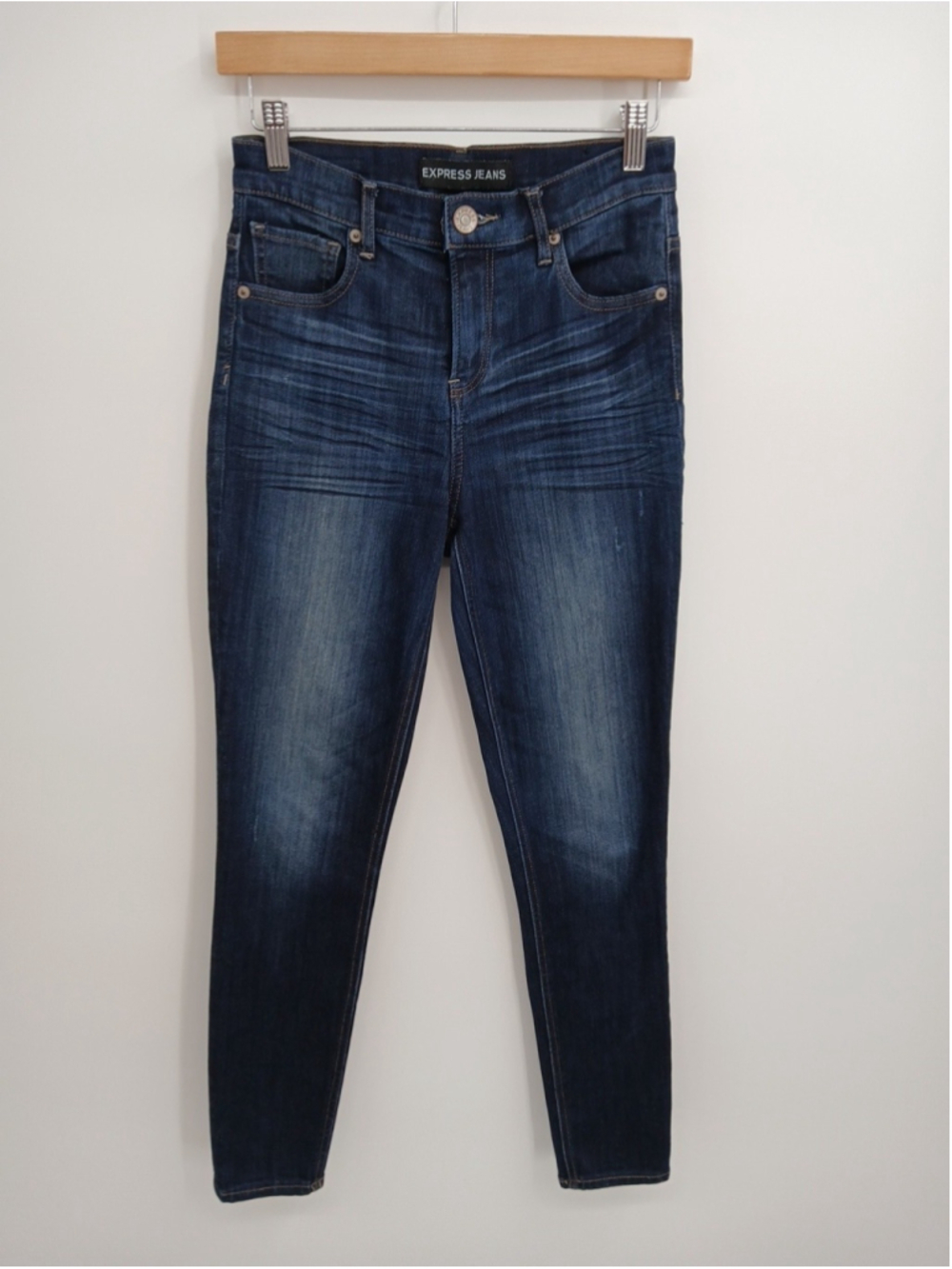 Express Jeans Women's Size 2 Dark Blue Wash Stretch Legging High Rise Distressed